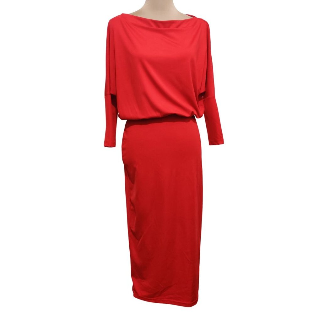 Womens Dress Boat Neck Midi Blouson Dolman Half Sleeve Pencil Skirt Red Size S